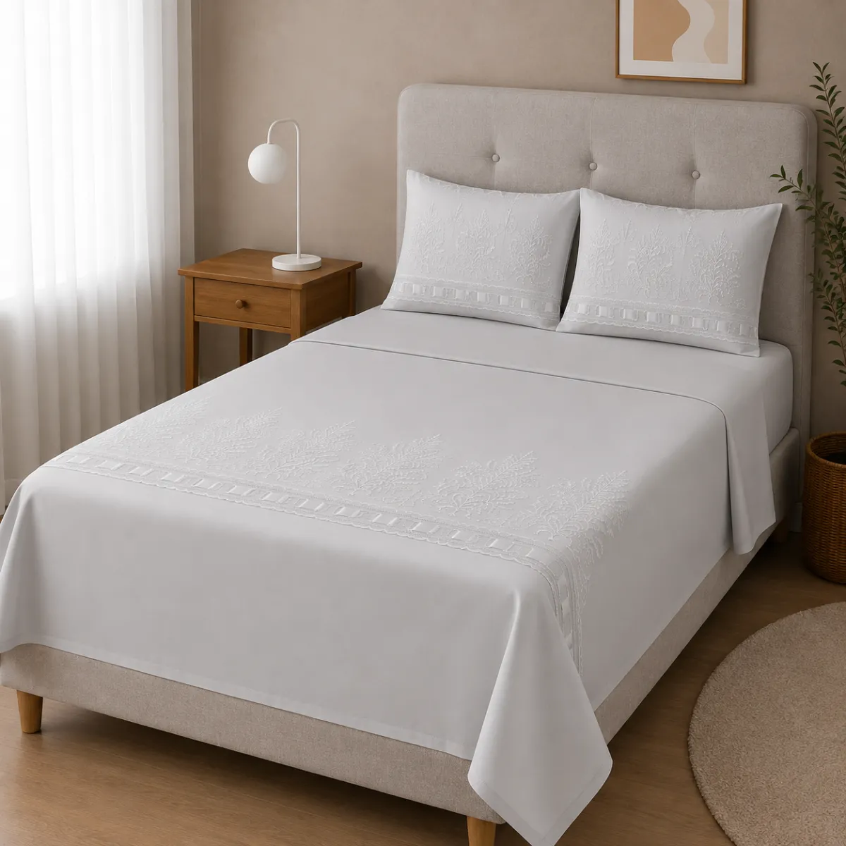 Juego de Sábanas 200 H Algodon Egipcio con Broderie Queen S 3214